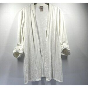 Chicos Women's Jacket Cardigan Medium White Slubbed‎ Cotton 3/4 Roll Tab Sleeves
